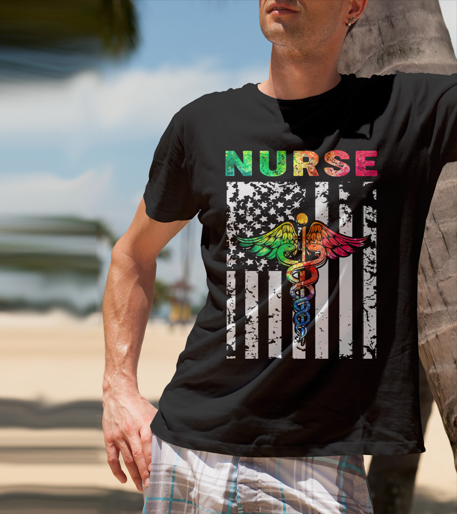 Nurse Usa Flag With Rainbow Caduceus Symbol T-Shirt