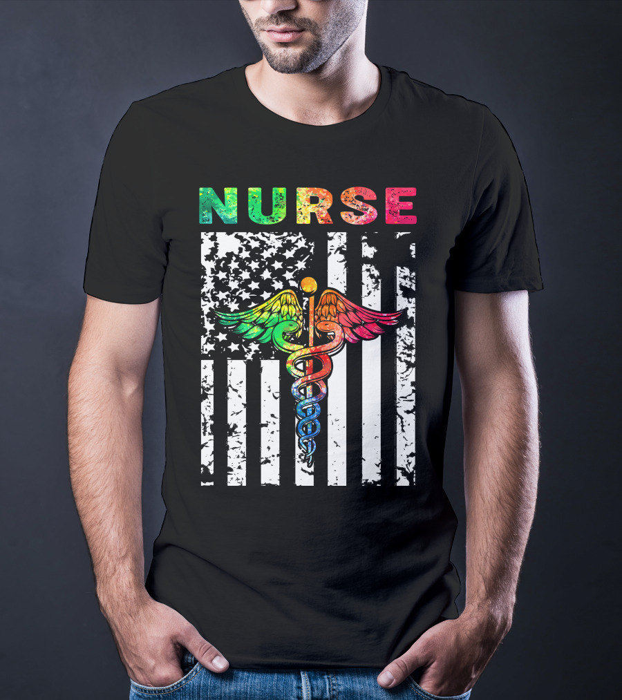 Nurse Usa Flag With Rainbow Caduceus Symbol T-Shirt