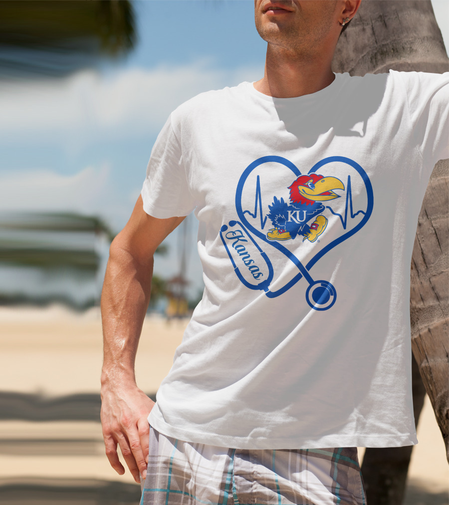 Nurse Love Kansas Jayhawks Heartbeat Stethoscope KU T-Shirt