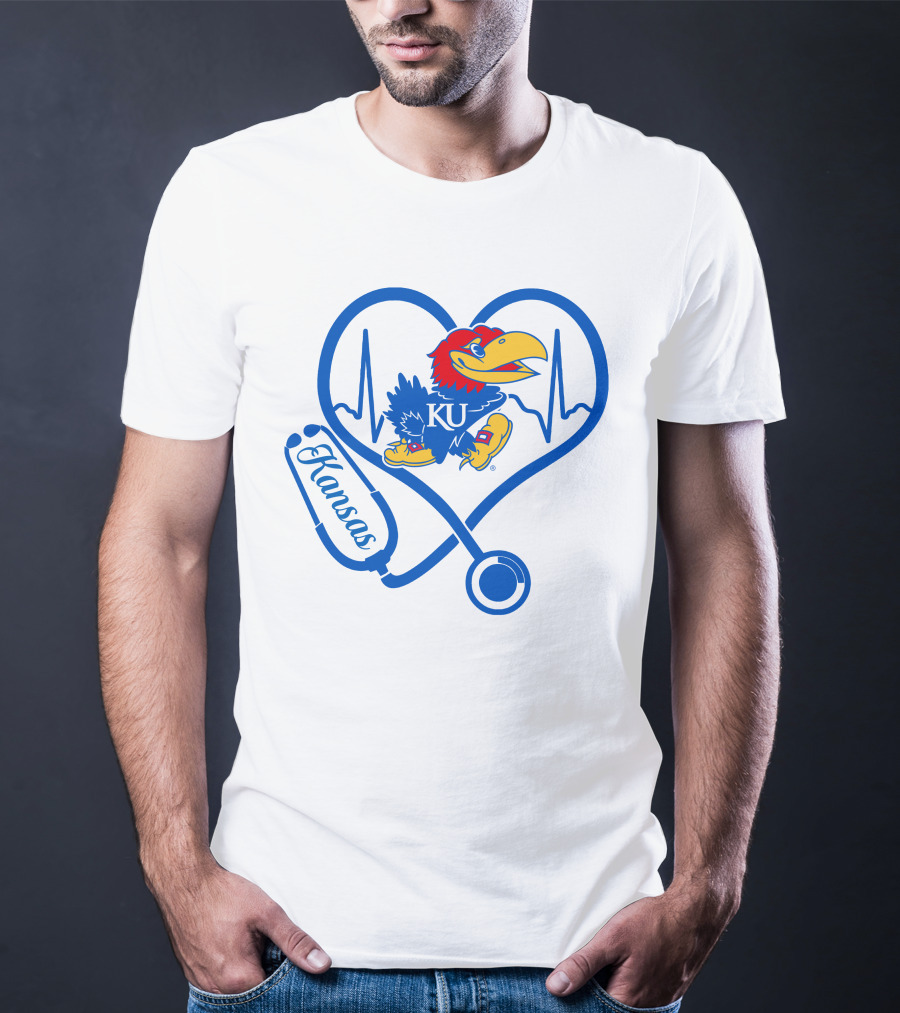 Nurse Love Kansas Jayhawks Heartbeat Stethoscope KU T-Shirt