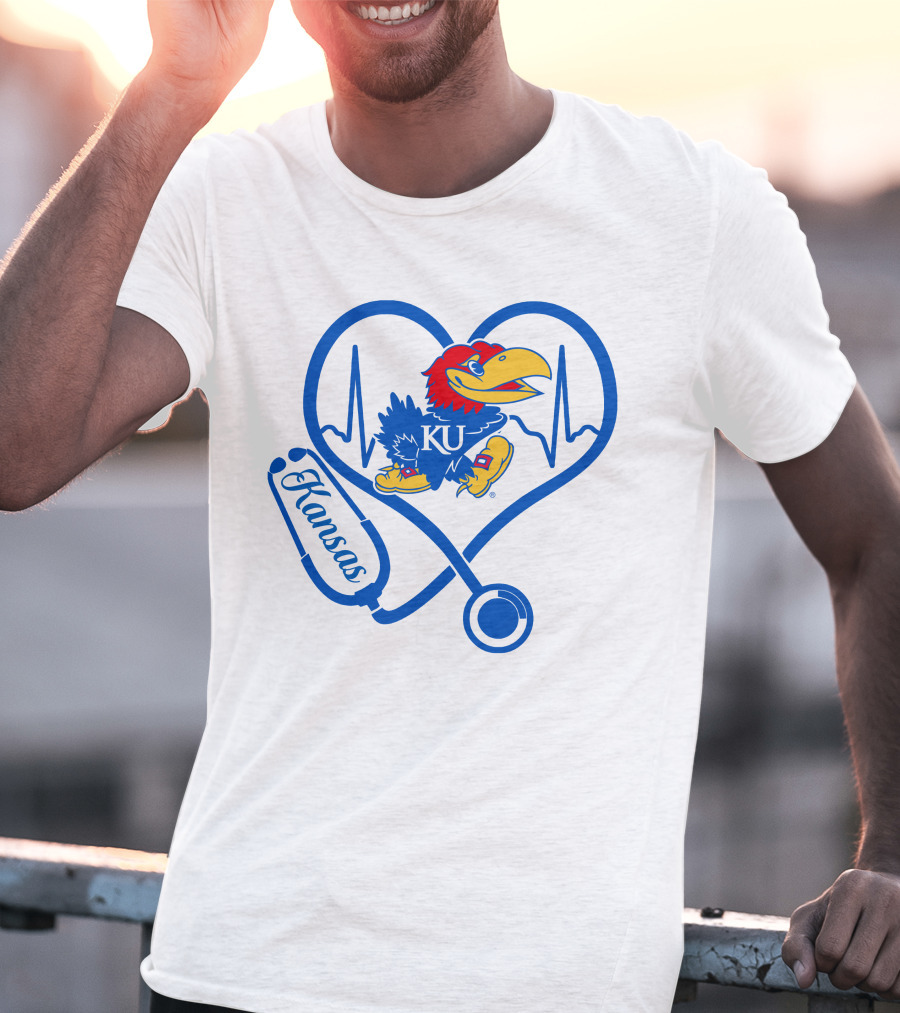 Nurse Love Kansas Jayhawks Heartbeat Stethoscope KU T-Shirt
