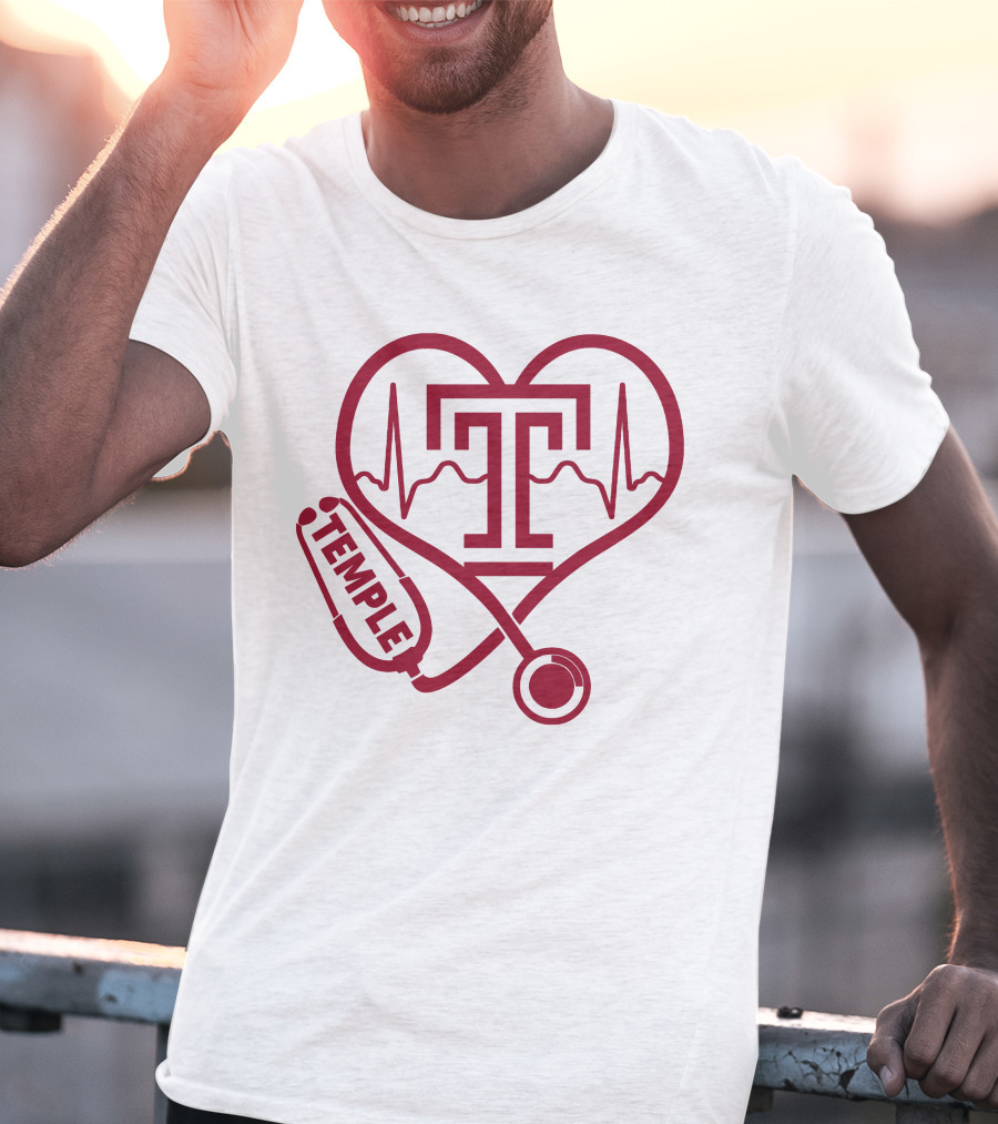 Nurse Love Temple Owls Football Stethoscope Heartbeat T-Shirt