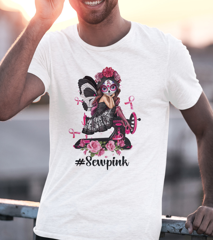 Sewpink Butterfly Sugar Skull Sewing Machine Ribbon Roses T-Shirt