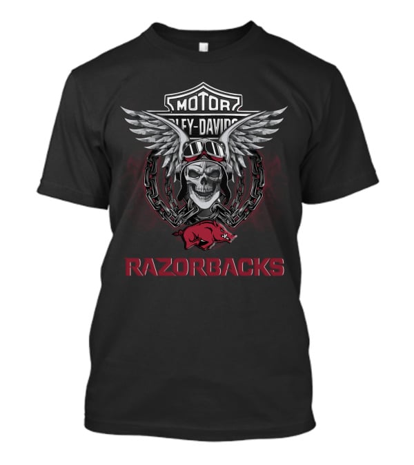 Harley Davidson Motor Arkansas Razorbacks Skull Wings T-Shirt