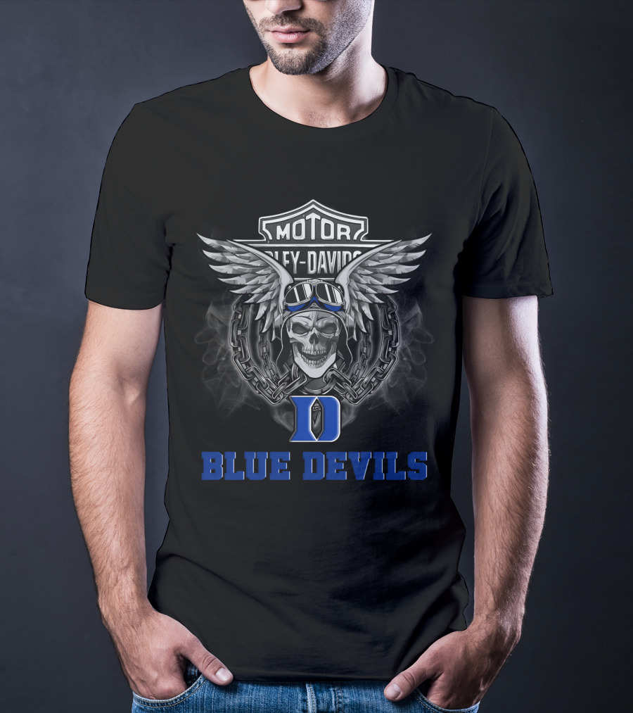 Ncaa Duke Blue Devils Harley Davidson Skull Wings Chains T-Shirt