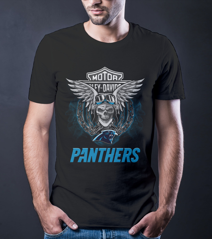 Harley Davidson Motor Skull Wings Chain Goggles Carolina Panthers T-Shirt