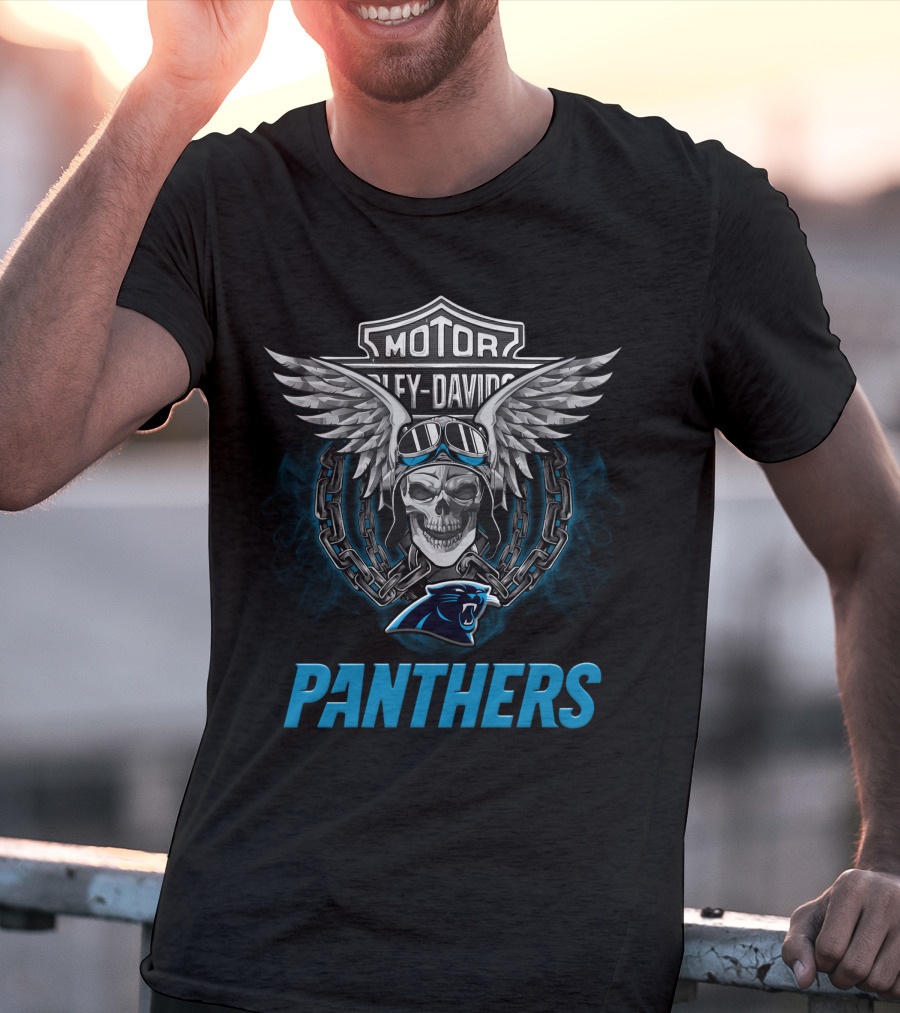 Harley Davidson Motor Skull Wings Chain Goggles Carolina Panthers T-Shirt