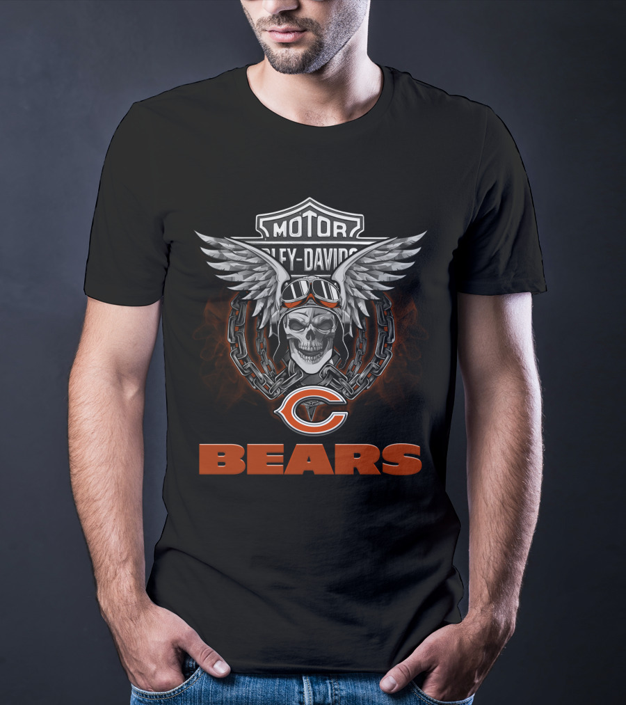 Harley Davidson Motorcycle Biker Winged Skull Nfl Chicago Bears T-Shirt