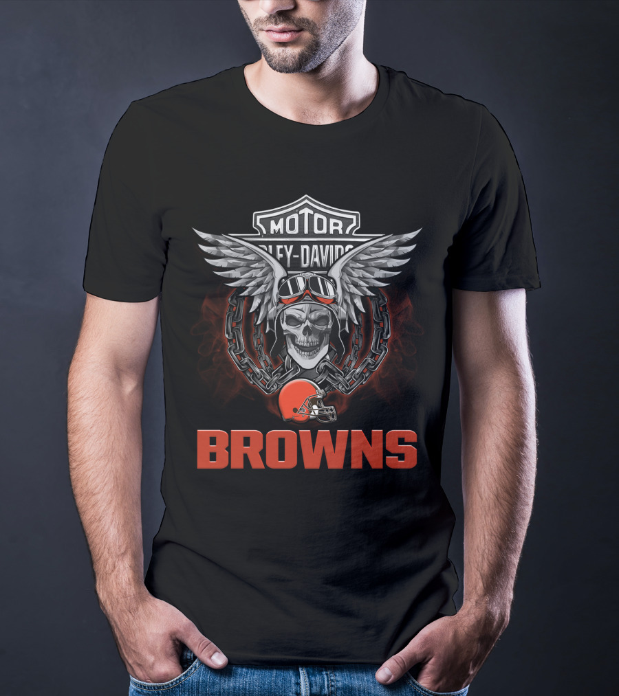 Harley Davidson Motorcycle Biker Skull Wings Nfl Cleveland Browns T-Shirt