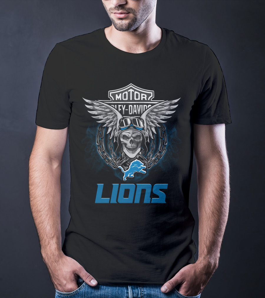 Harley Davidson Motor Detroit Lions Biker Skull Wings Nfl T-Shirt