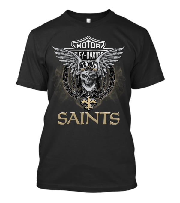 Harley Davidson Motorcycle Biker Helmet Skull With Wings And Chains Nfl New Orleans Saints Fleur-De-Lis Moto Saints T-Shirt