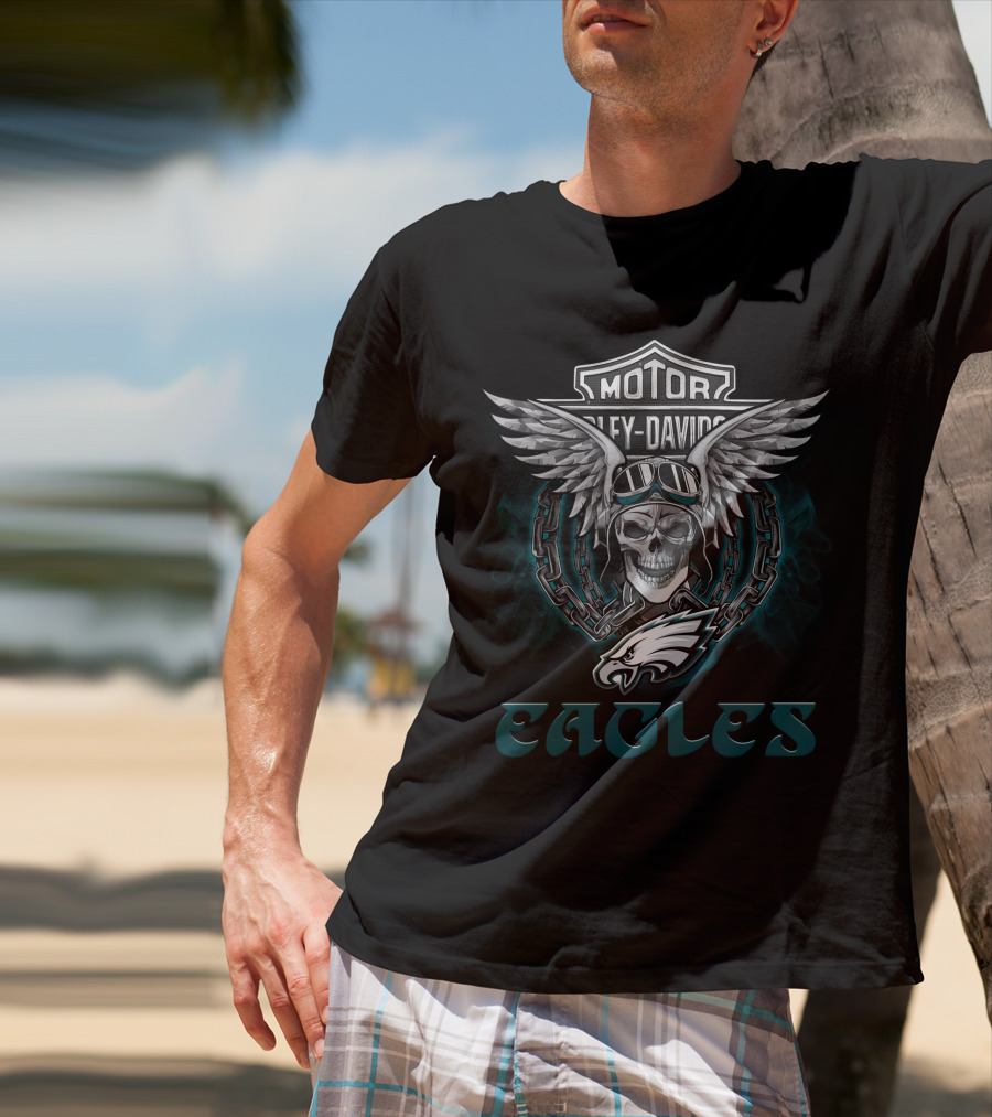 Harley Davidson Winged Skull Philadelphia Eagles Nfl Biker T-Shirt