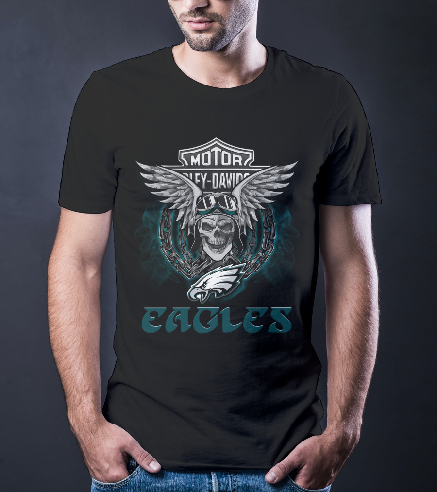 Harley Davidson Winged Skull Philadelphia Eagles Nfl Biker T-Shirt