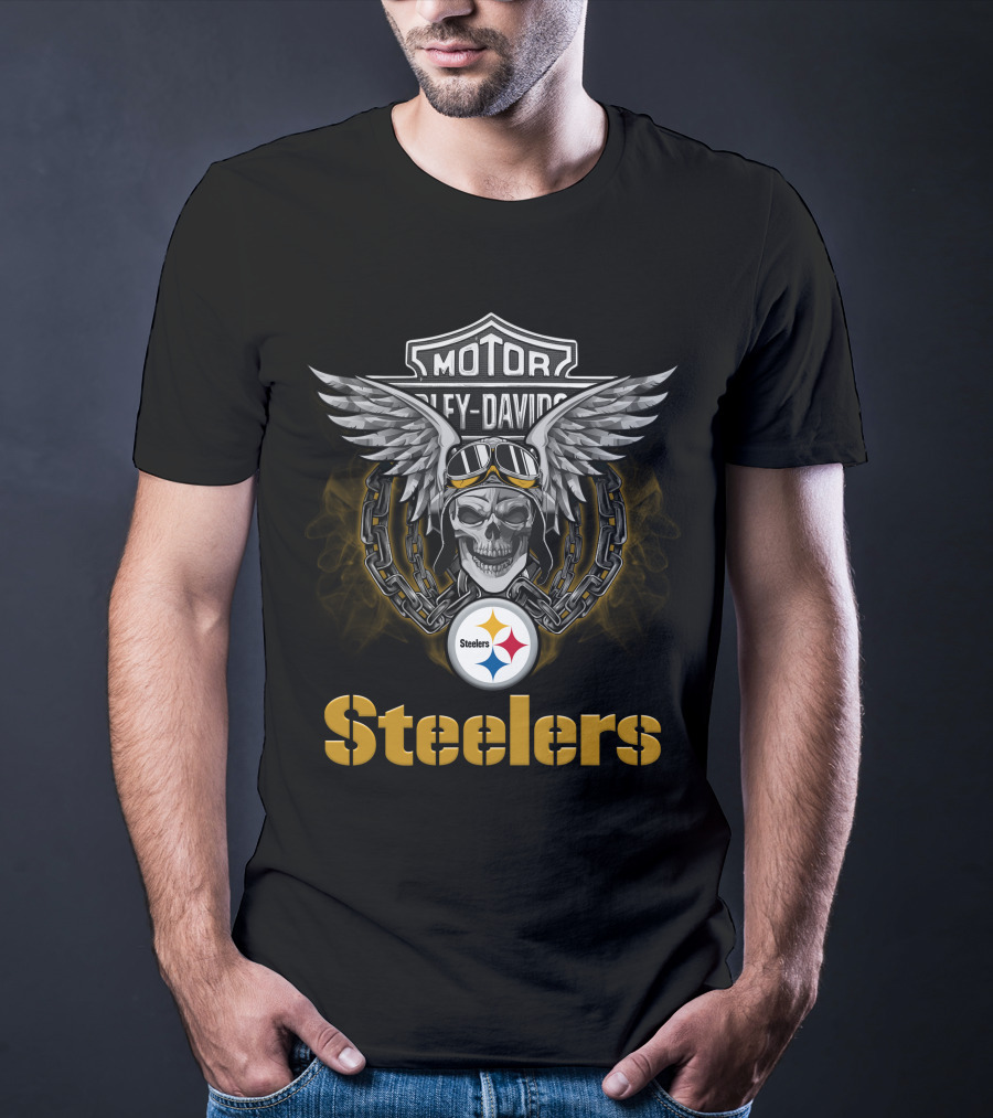 Harley Davidson Motorcycle Biker Skull Wings Steelers Nfl Pittsburgh Steelers T-Shirt
