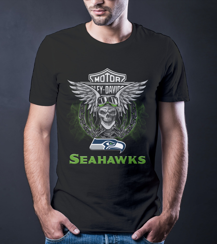Harley Davidson Motorcycle Biker Seattle Seahawks Skull Wings Chains T-Shirt