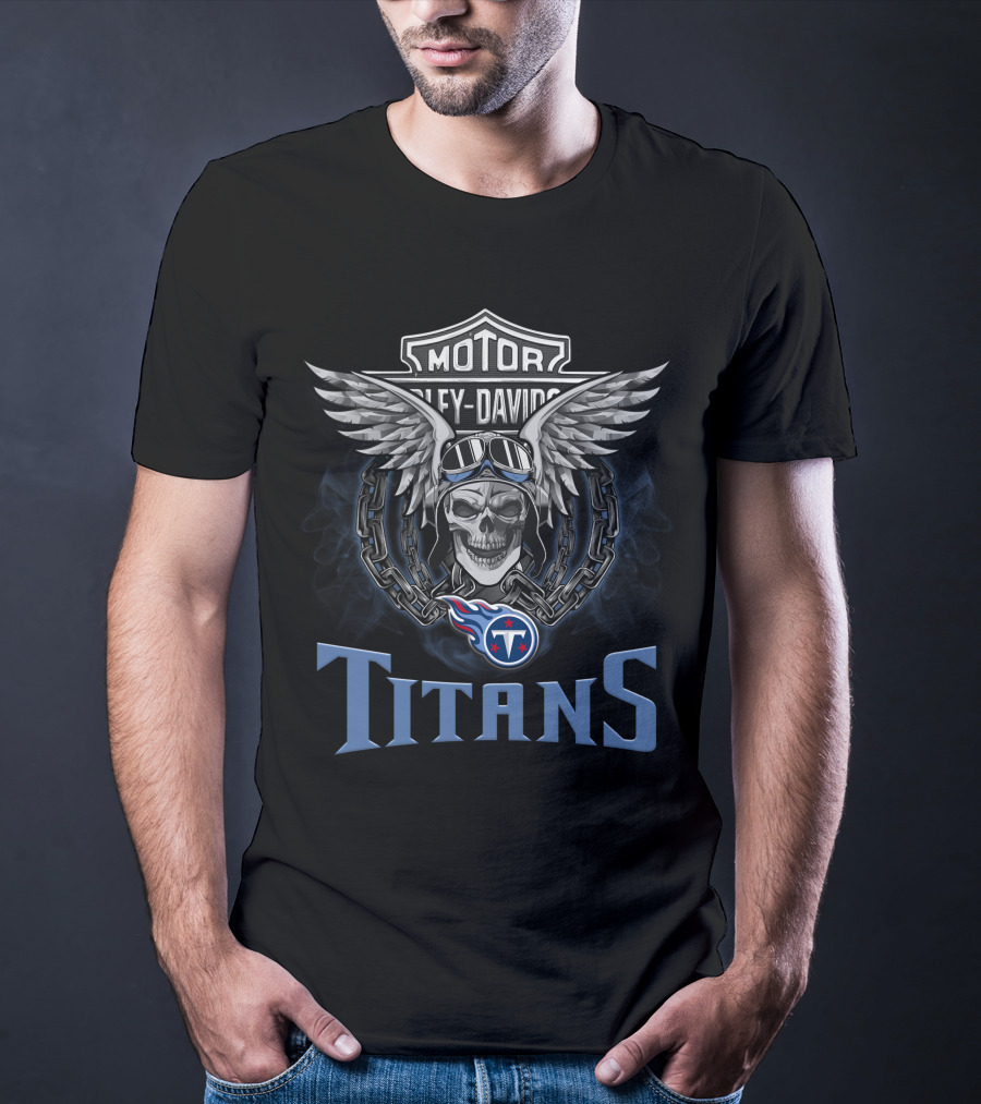 Harley Davidson Motorcycle Biker Skull Wings Nfl Tennessee Titans T-Shirt