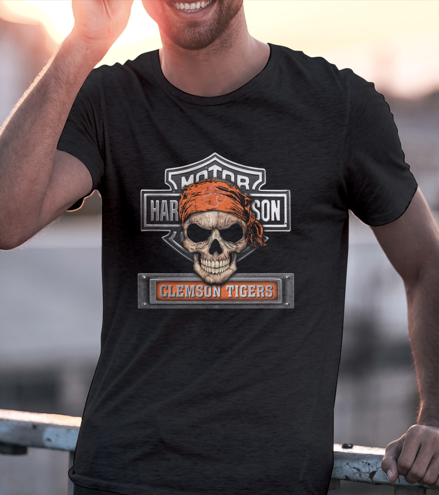 Harley Davidson Skull Bandana Clemson Tigers Motorcycle Biker Ncaa T-Shirt