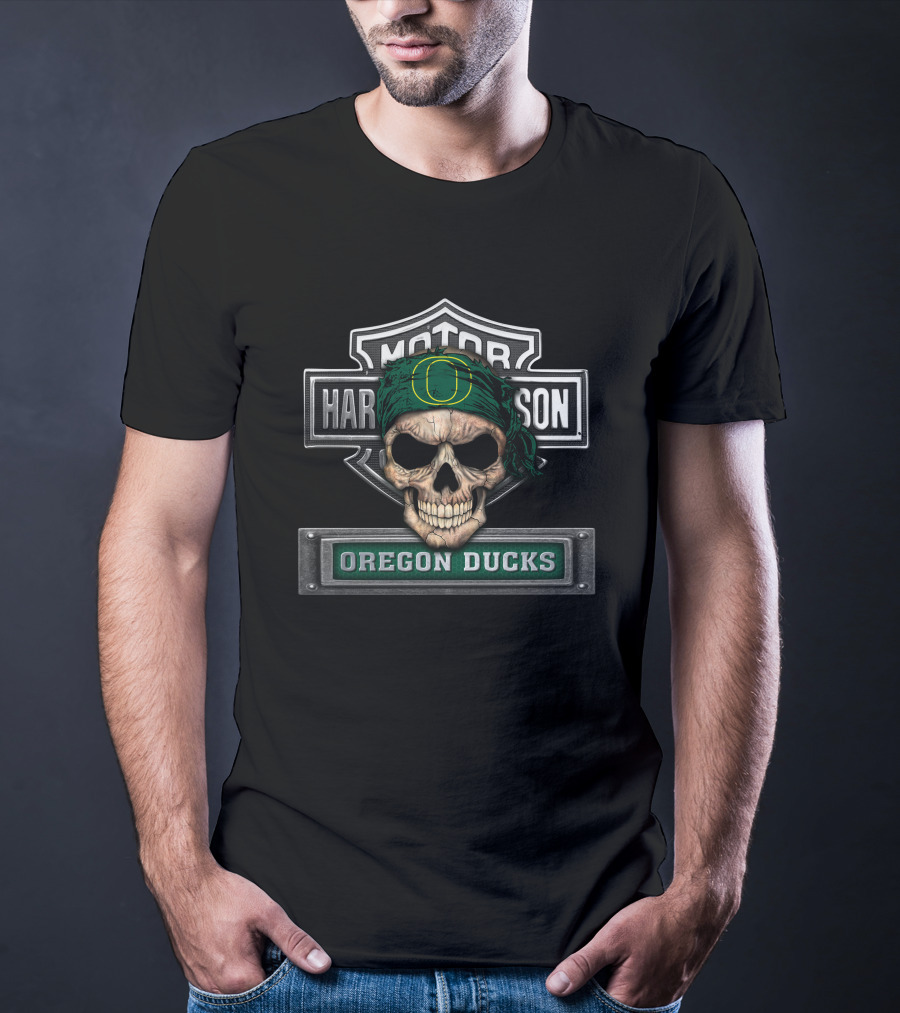 Harley Davidson Motorcycle Biker Oregon Ducks Skull T-Shirt