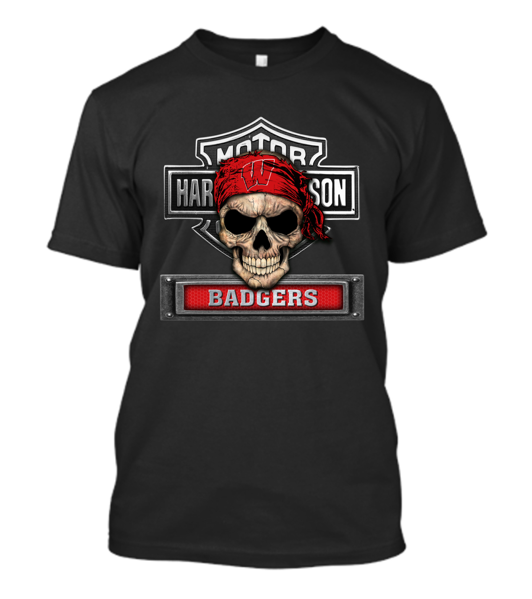 Harley Davidson Motorcycle Biker Skull Wisconsin Badgers T-Shirt