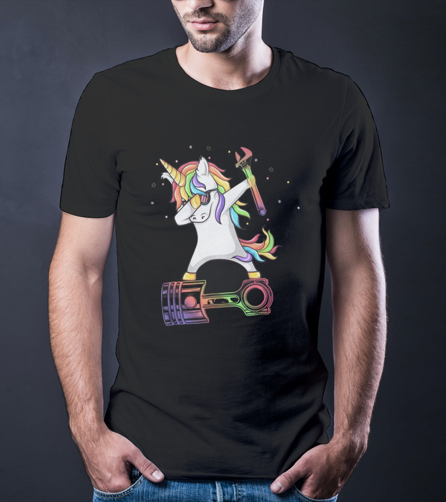 Mechanic Dabbing Unicorn Rainbow Wrench Piston T-Shirt