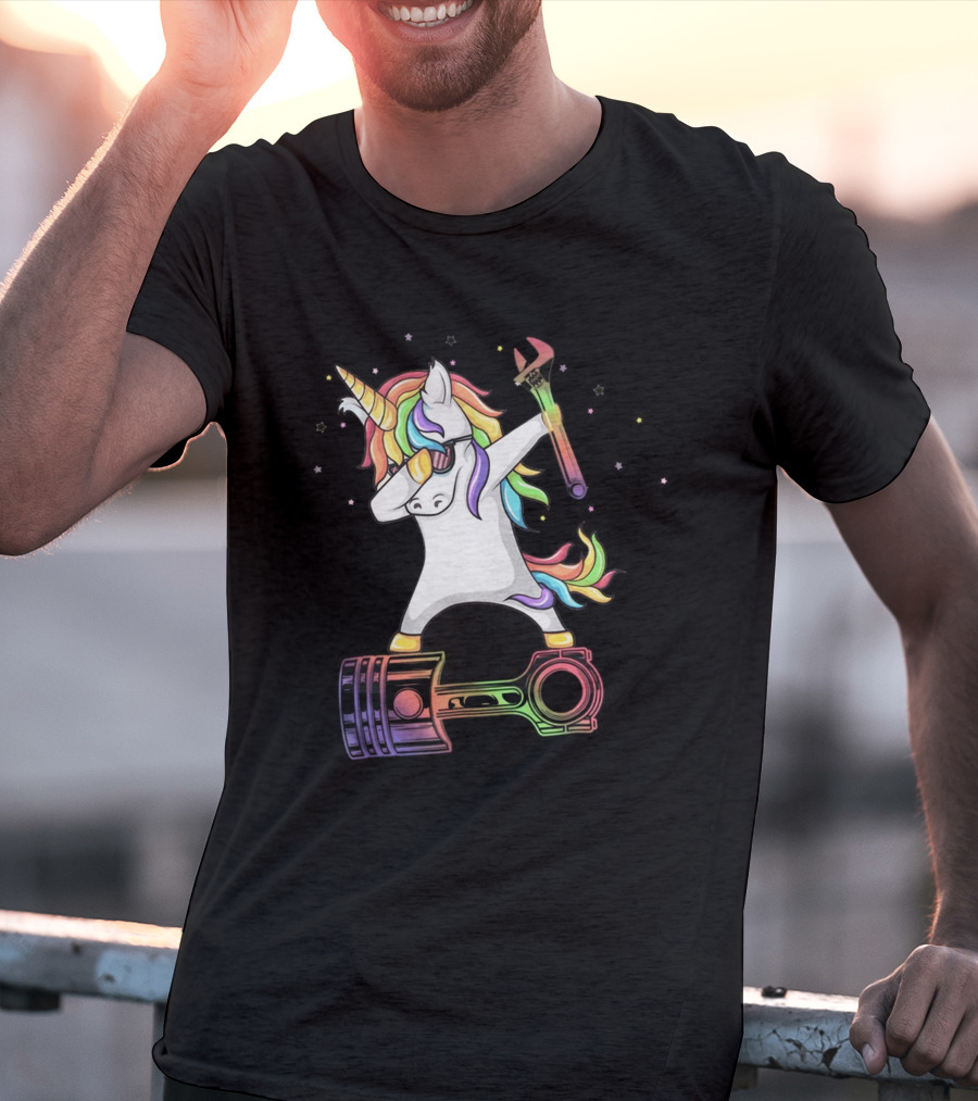 Mechanic Dabbing Unicorn Rainbow Wrench Piston T-Shirt