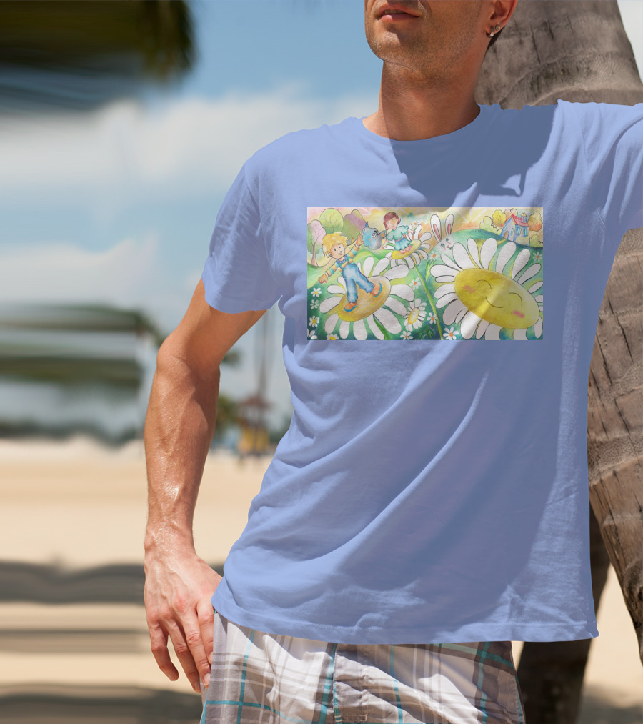 Lodo Happy Sunflower Meadows With Kids And Bunny In A Vibrant Landscape T-Shirt