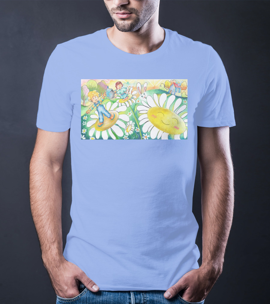 Lodo Happy Sunflower Meadows With Kids And Bunny In A Vibrant Landscape T-Shirt