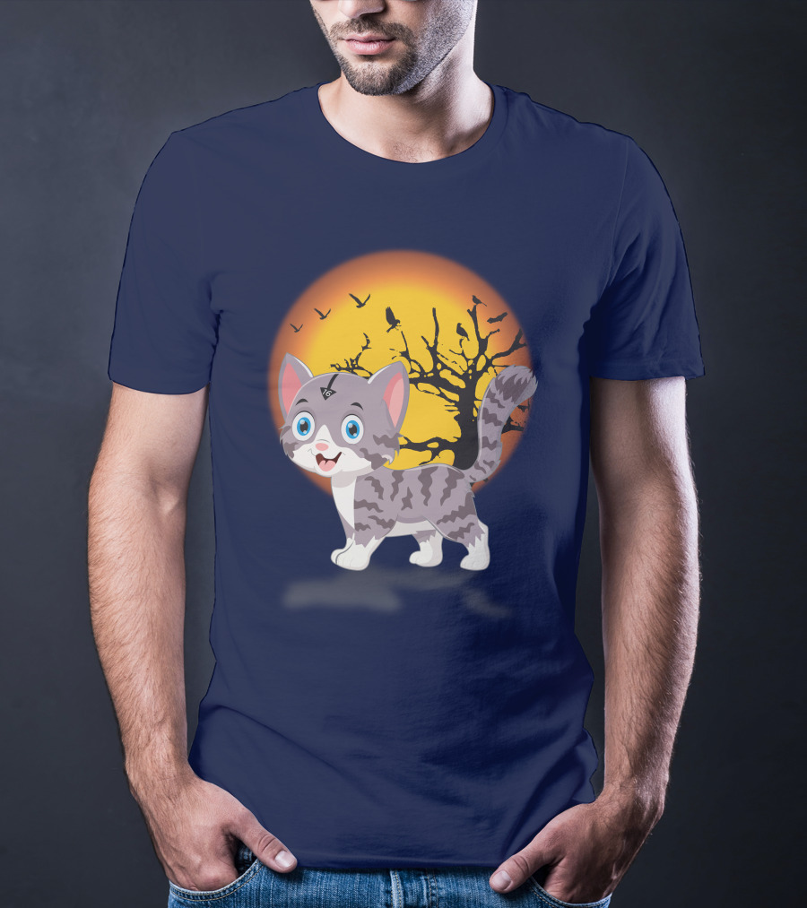 Cute Kittens Halloween Night Moonlit Landscape T-Shirt