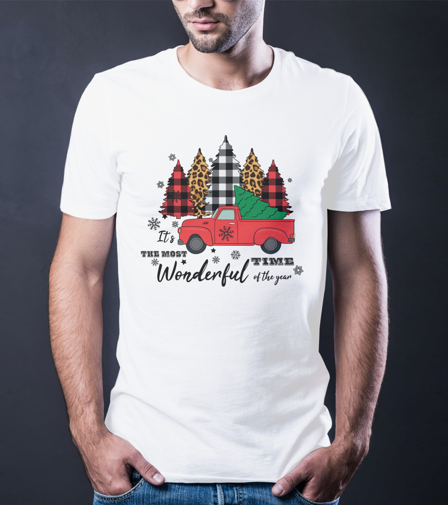It's The Most Wonderful Time Of The Year Plaid And Leopard Pine Trees Red Truck T-Shirt