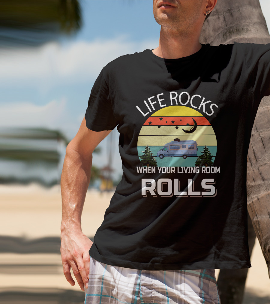 Life Rocks When Your Living Room Rolls Pilote Motorhomes Retro Sunset Campervan Scene T-Shirt