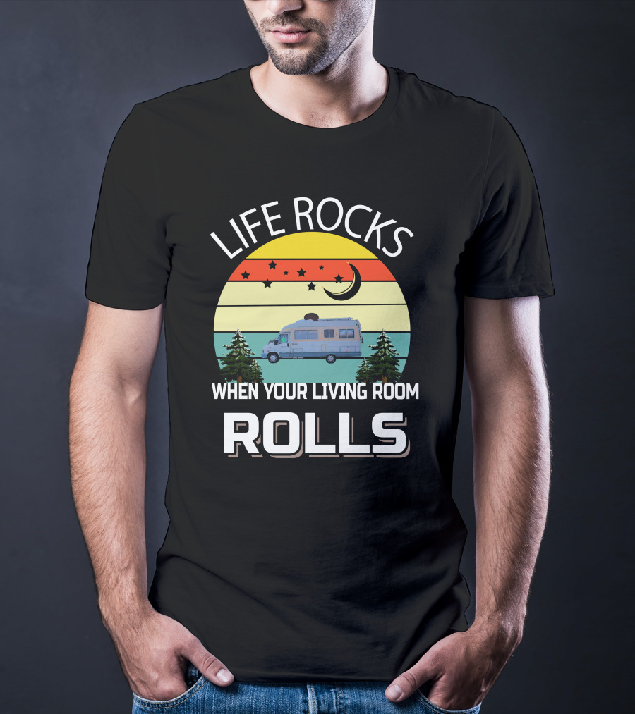 Life Rocks When Your Living Room Rolls Pilote Motorhomes Retro Sunset Campervan Scene T-Shirt