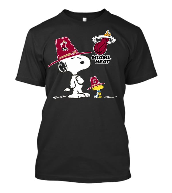 Snoopy And Woodstock In Miami Heat Hats With Team T-Shirt