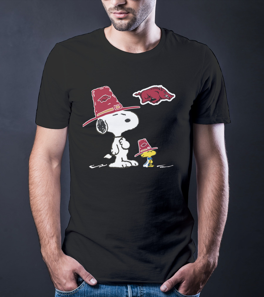 Snoopy And Woodstock Arkansas Razorbacks Hat With Hog T-Shirt