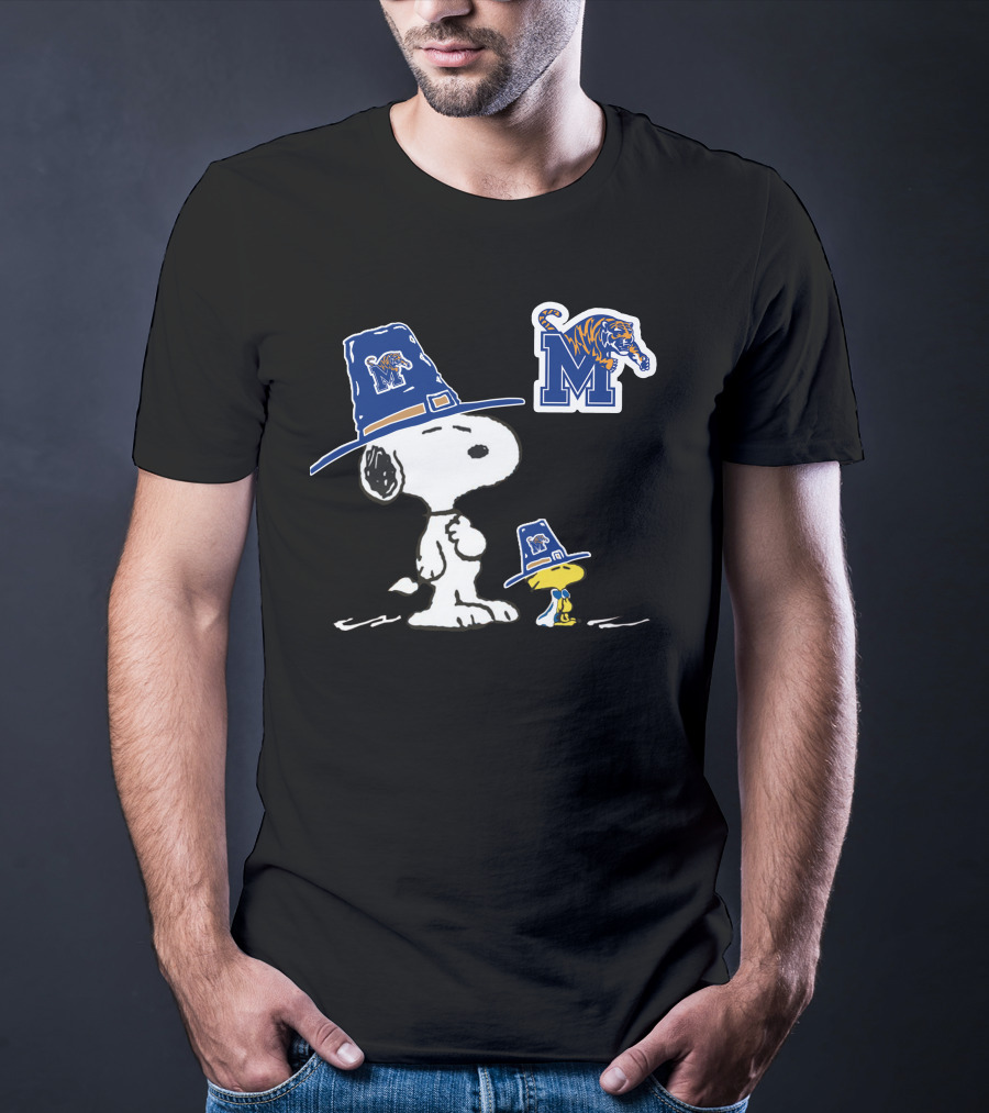 Snoopy And Woodstock Wearing Memphis Tigers Hats With M Logo And Striped Tiger T-Shirt