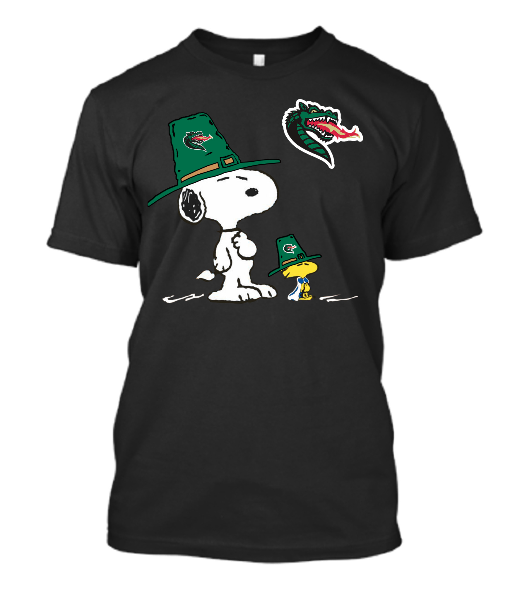 Uab Blazers Snoopy Woodstock Green Dragon Hat T-Shirt