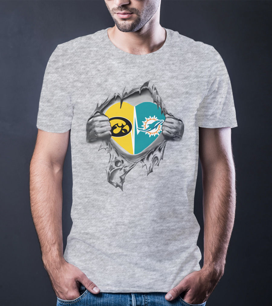 Iowa Hawkeyes Miami Dolphins Heart Logo Ripped T-Shirt