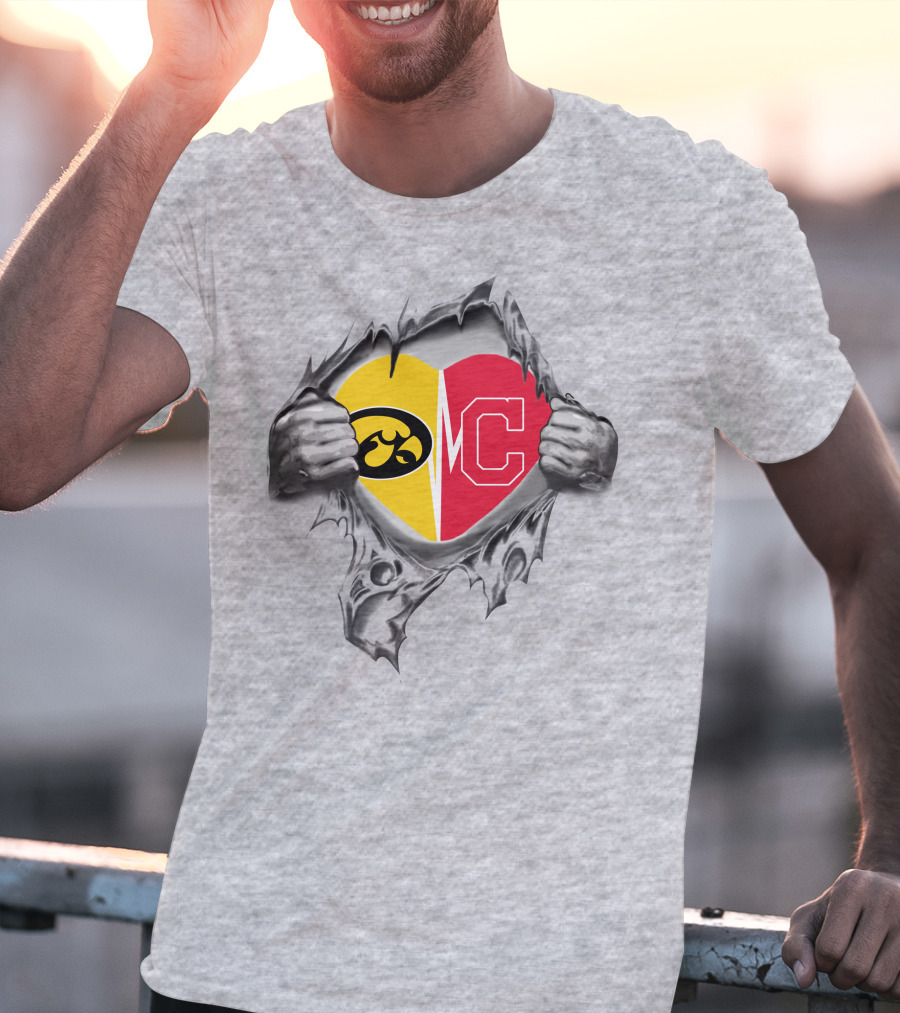 Iowa Hawkeyes Versus Indians Heart Logo Revealed Through Torn Fabric T-Shirt