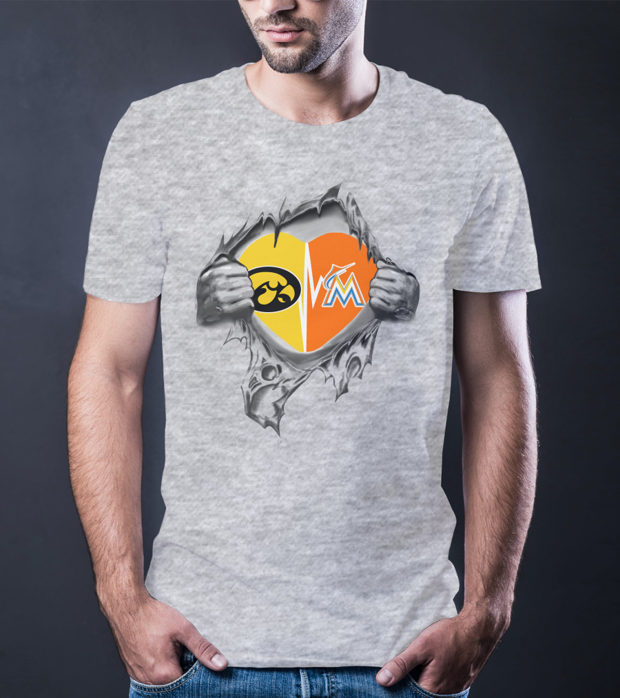Iowa Hawkeyes Heart And Miami Marlins Heart Logos Ripped T-Shirt