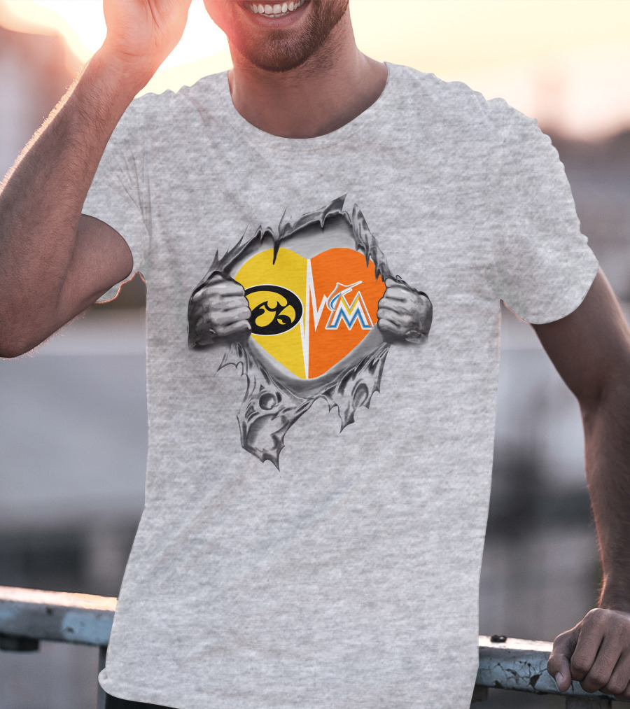 Iowa Hawkeyes Heart And Miami Marlins Heart Logos Ripped T-Shirt