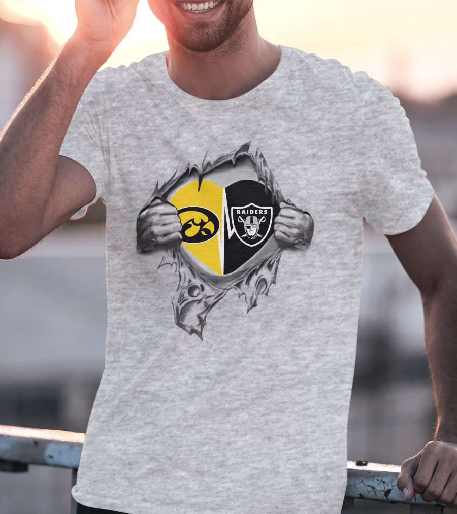Iowa Hawkeyes Vs Raiders Heart Design With Iconic Logos In Ripped T-Shirt