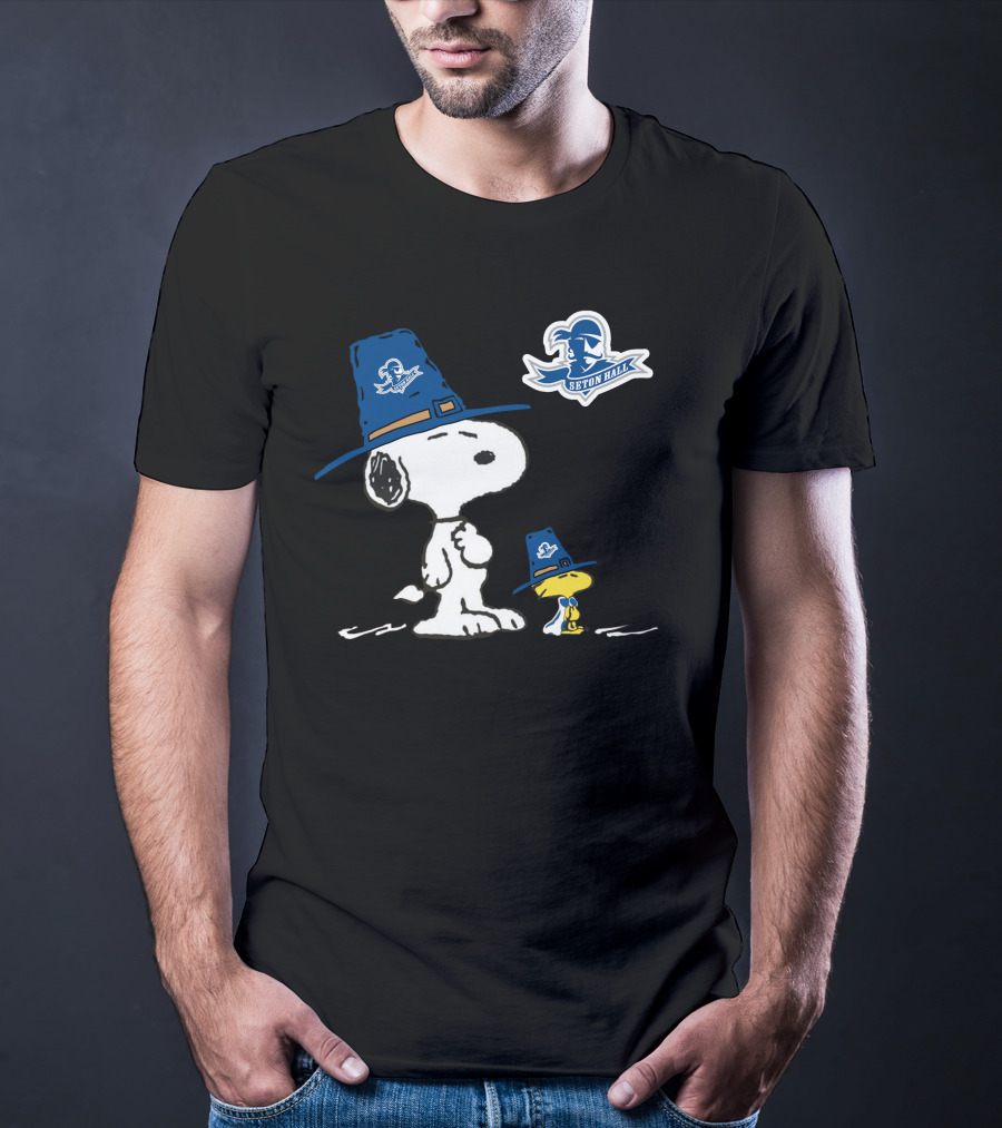 Seton Hall Snoopy And Woodstock In Seton Hall Pirate Hats T-Shirt