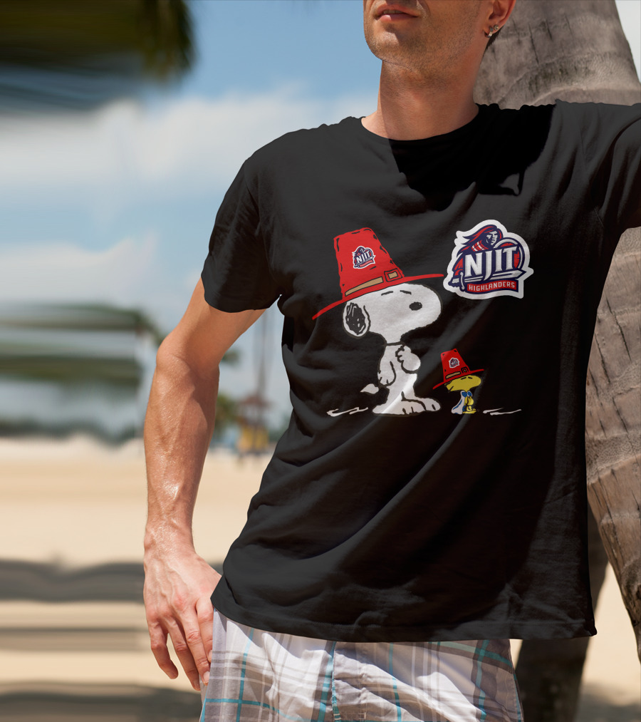NJIT Highlanders Snoopy And Woodstock Wearing Red Hats T-Shirt