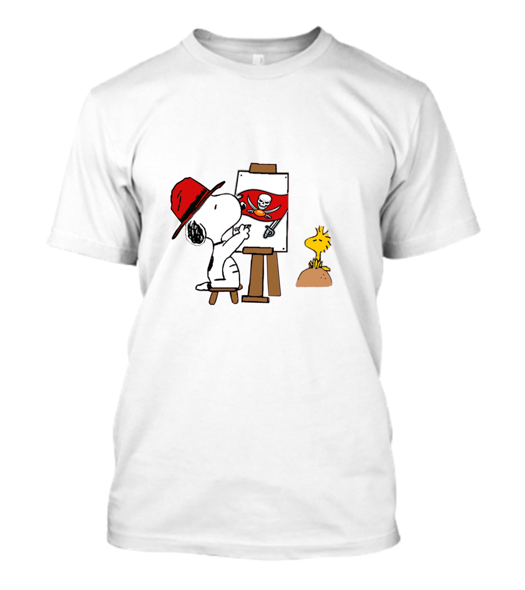 Buccaneers Painting Snoopy With Easel And Woodstock T-Shirt