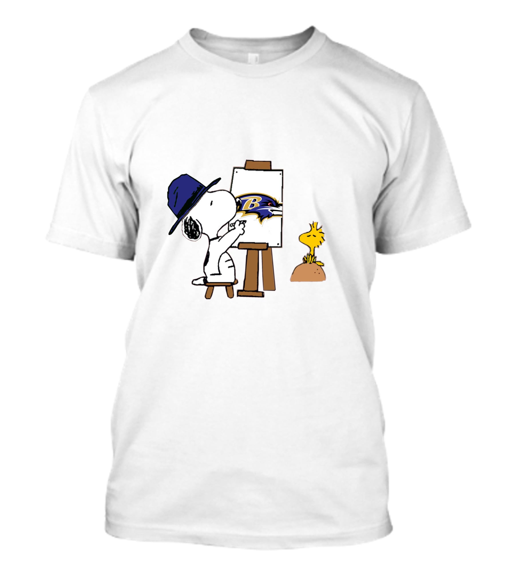 Snoopy Painting Baltimore Ravens Logo With Woodstock T-Shirt