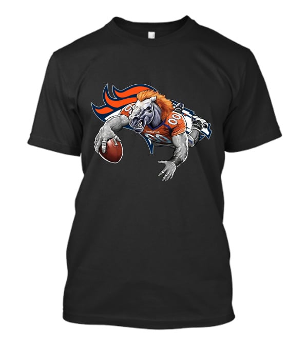 Denver Broncos Mascot Football Action With Orange And Blue T-Shirt