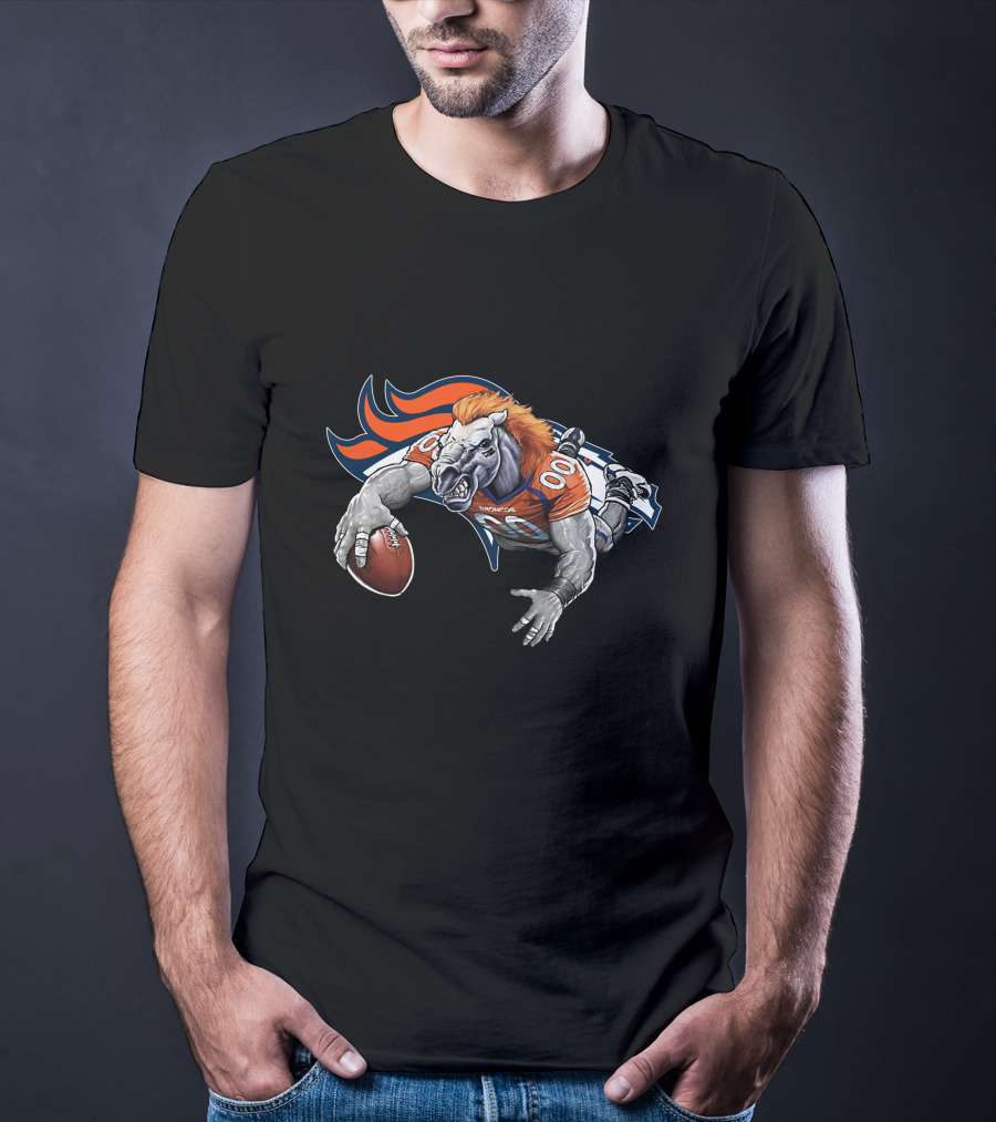 Denver Broncos Mascot Football Action With Orange And Blue T-Shirt