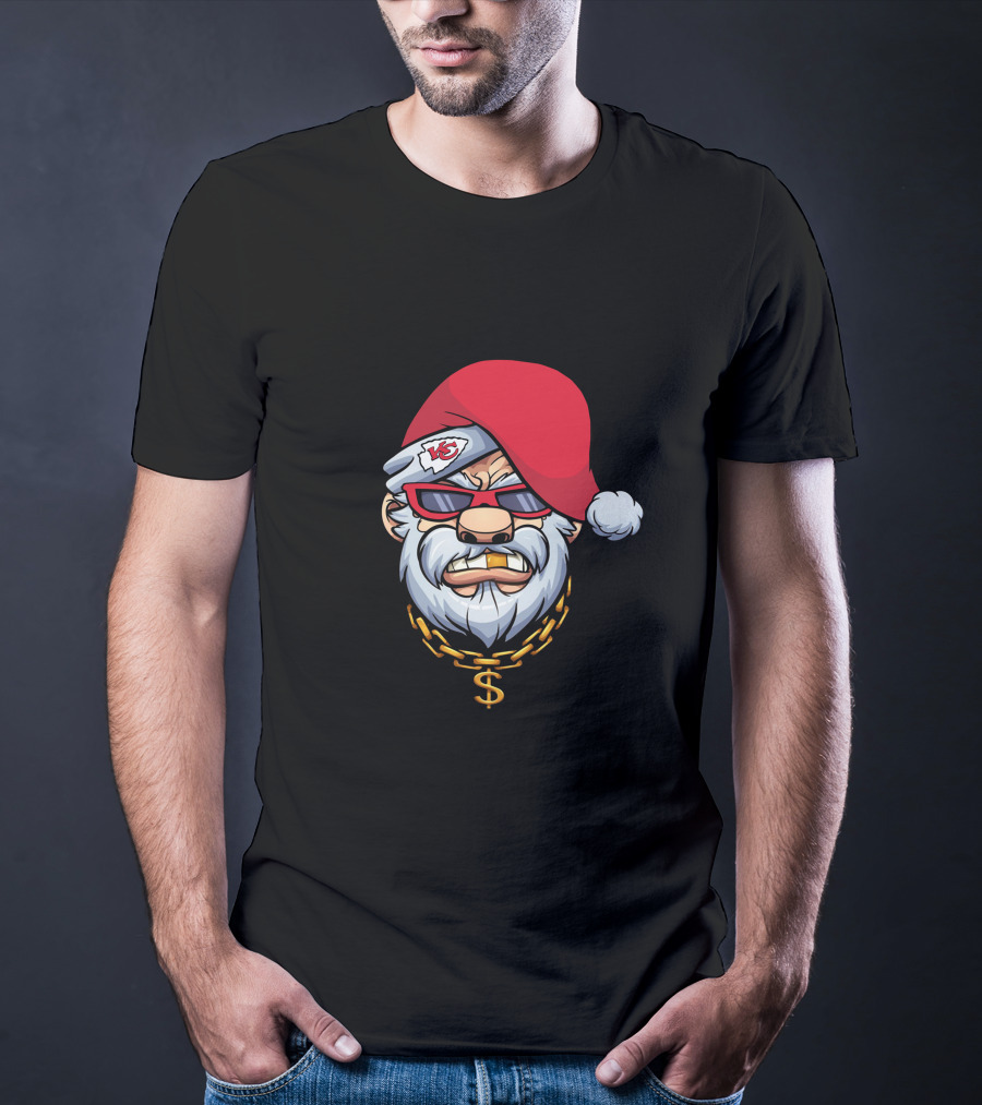 Chiefs Gangster Santa With Chain And Red Hat Sporting Sunglasses And Kansas City T-Shirt