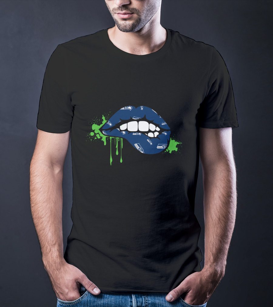 Seahawks Logo Dripping Lips In Blue And Green T-Shirt