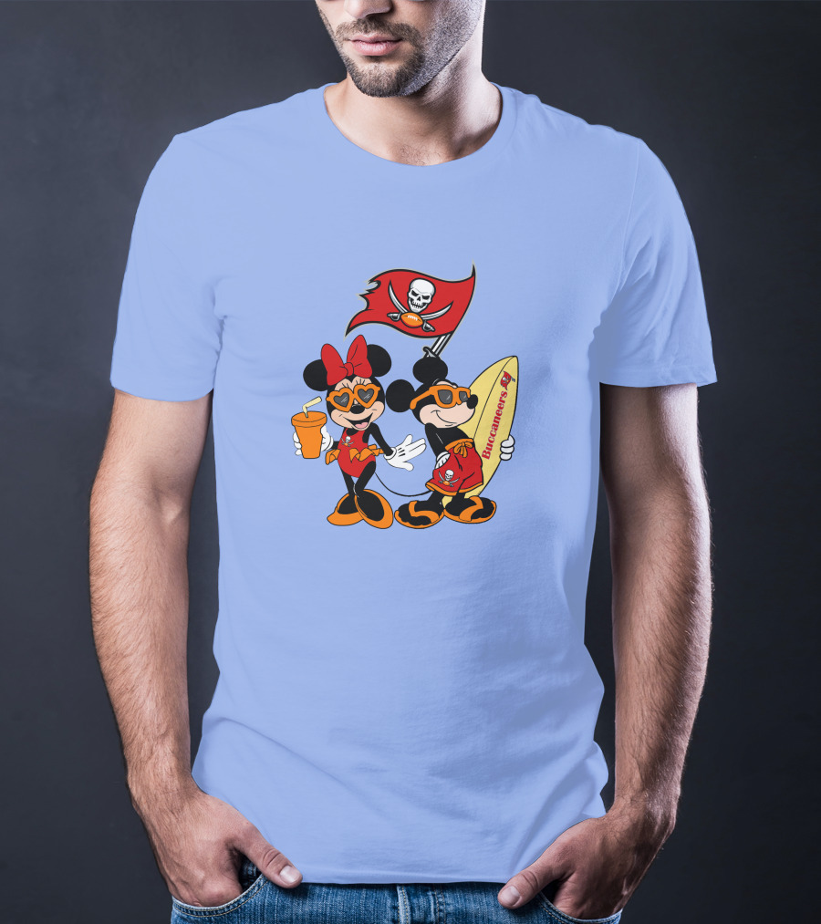 Buccaneers Vacation Mickey And Minnie With Pirate Flag And Surfboard T-Shirt