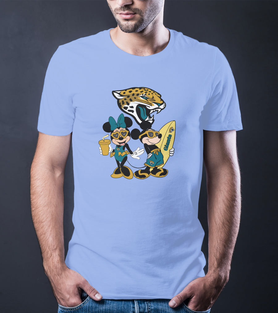 Jaguars Mickey And Minnie Happy Vacation With Surfboard And Drink T-Shirt